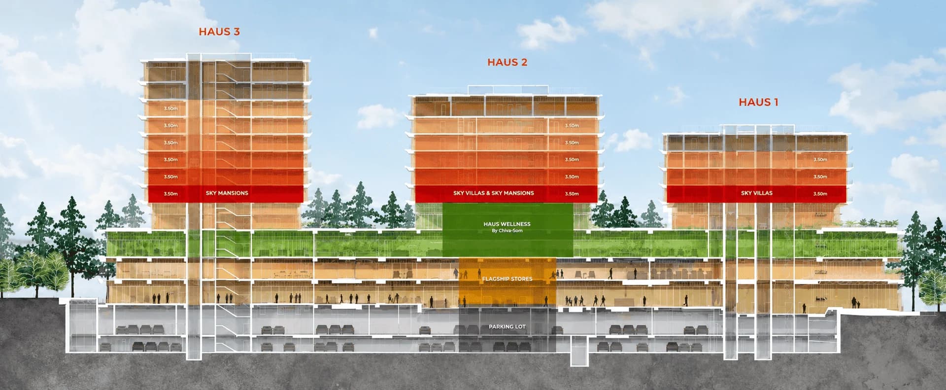 Sơ đồ mặt cắt kiến trúc phân tầng 3 tháp HAUS Đà Lạt
