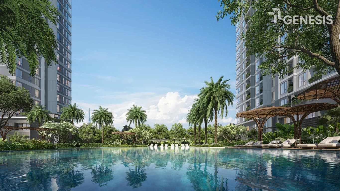 Architectural perspective of the twin TT Genesis towers occupying a rare triple-riverfront peninsula along the Phuoc Kien River